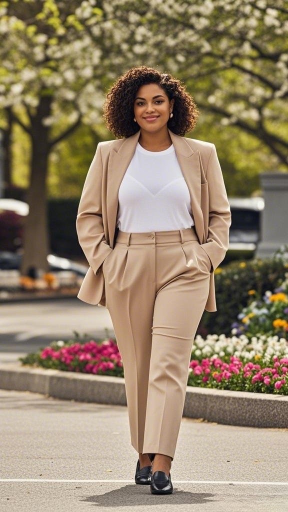 Neutral Power Suit with White Tee and Black Loafers
