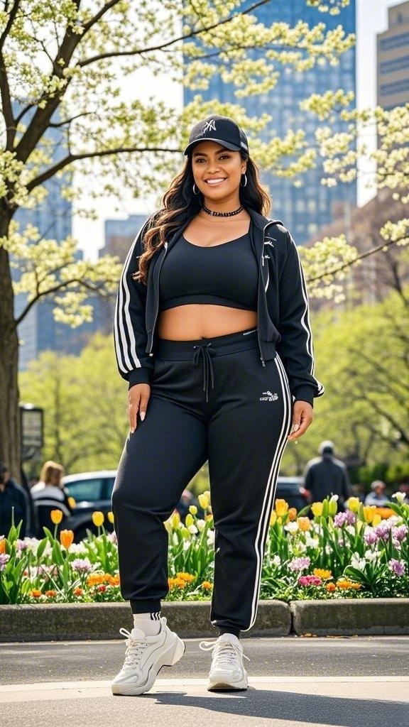 Black Athleisure Set with Cropped Tank, Track Jacket, and Chunky Sneakers