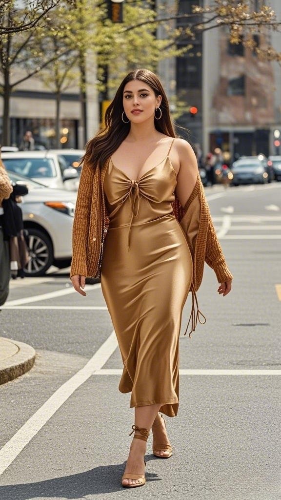 Satin Slip Dress with Knit Cardigan and Strappy Sandals