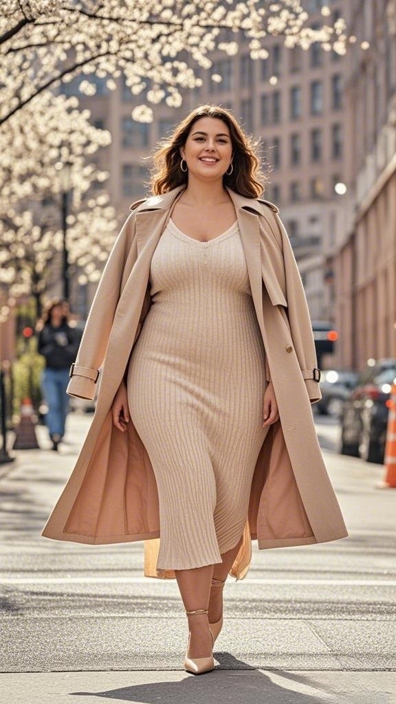 Beige Trench Coat + Ribbed Knit Midi Dress + Nude Ankle-Strap Heels