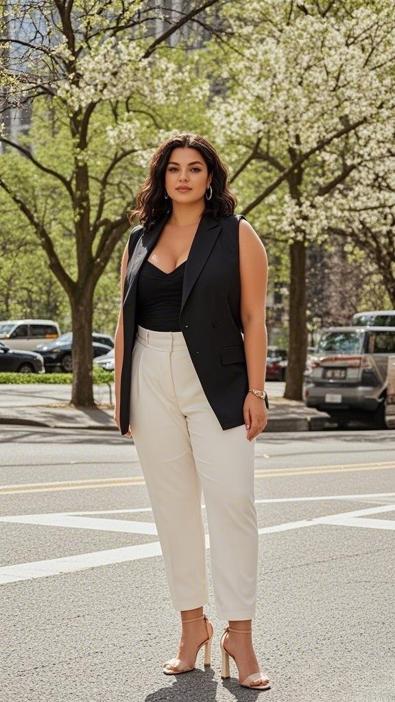 Sleeveless Black Blazer + Ruched Black Top + High-Waisted White Trousers + Nude Heels