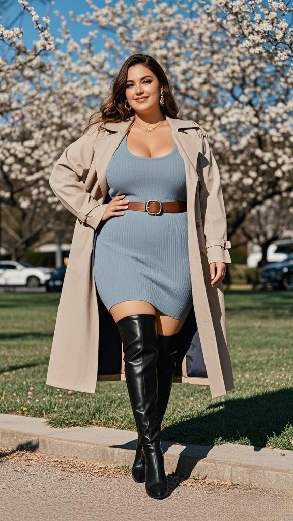 Ribbed Knit Dress + Statement Belt + Classic Trench Coat + Over-the-Knee Boots