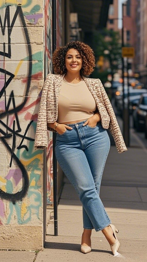 Textured Cropped Blazer + Fitted Neutral Top + High-Waisted Straight-Leg Jeans + Pointed-Toe Heels