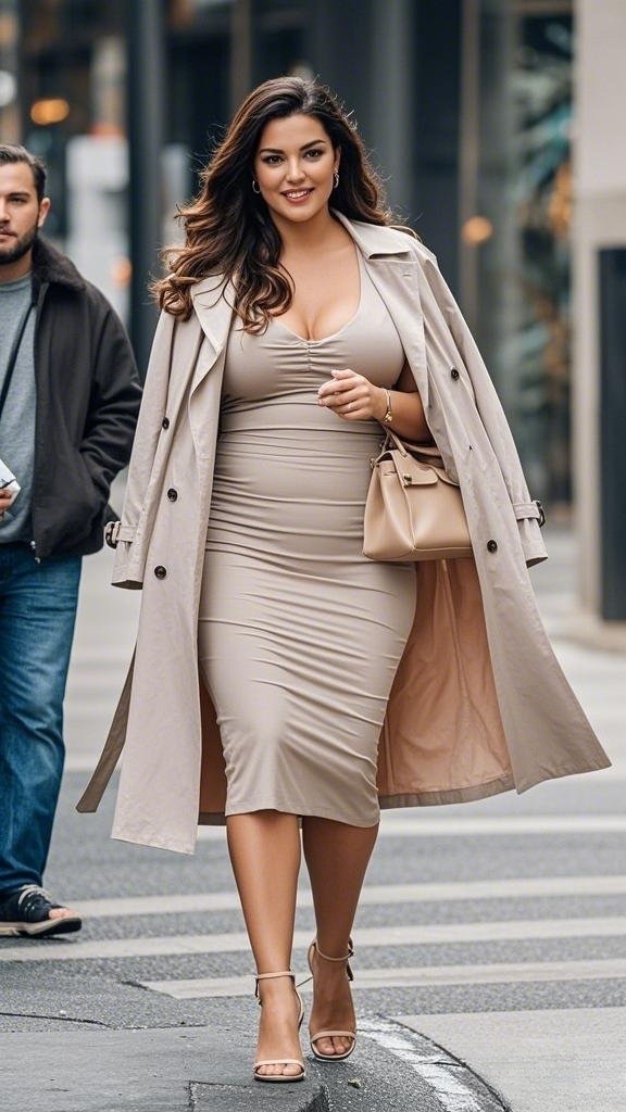 Bodycon Midi Dress + Long Trench Coat + Nude Strappy Heels + Structured Handbag
