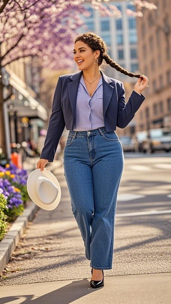 Cropped Blazer + Fitted Blouse + High-Waisted Jeans + Pointed-Toe Heels