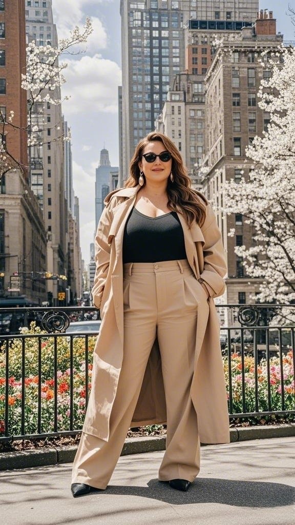 Classic Trench Coat with Tailored Trousers & Black Top – Effortless Minimalist Chic
