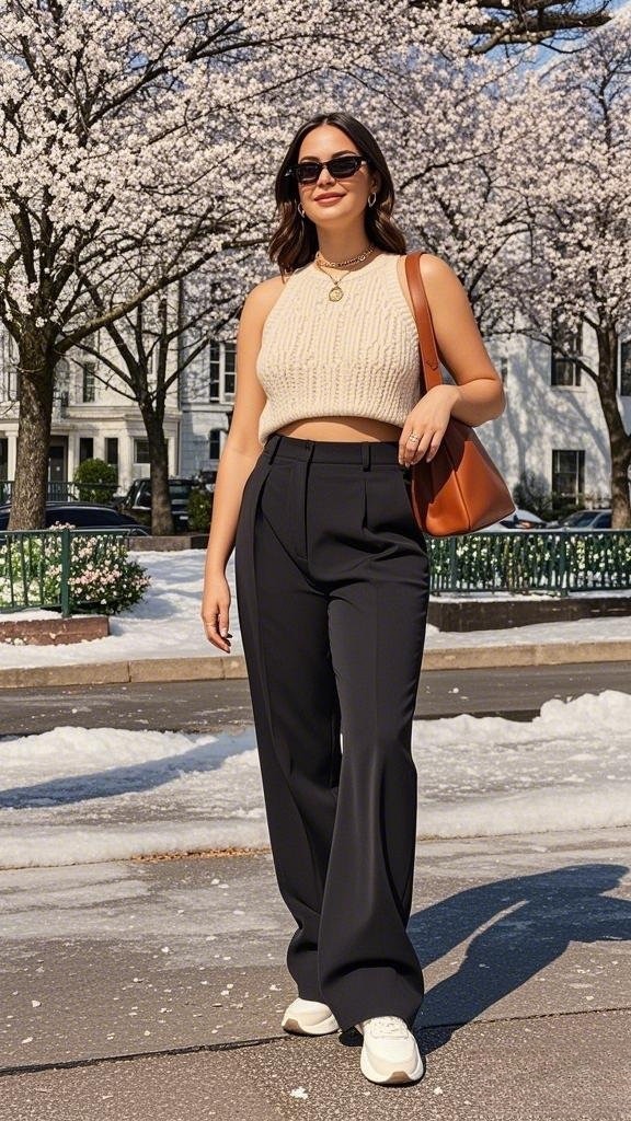 Cropped Knit Top with Wide-Leg Trousers & Sneakers – Minimalist Spring Chic