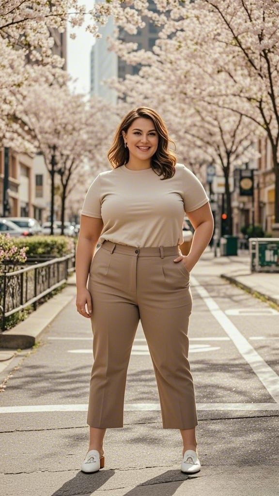 Beige Tailored Trousers with Fitted Tee & Loafers – Minimalist Spring Chic