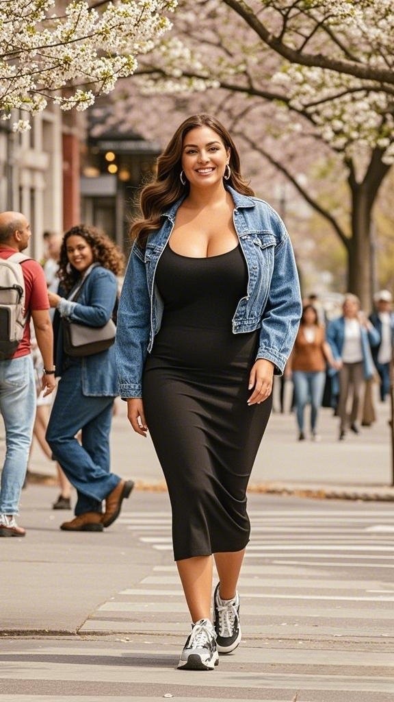 Black Midi Dress with Denim Jacket & Sneakers – Casual Chic Spring Staple