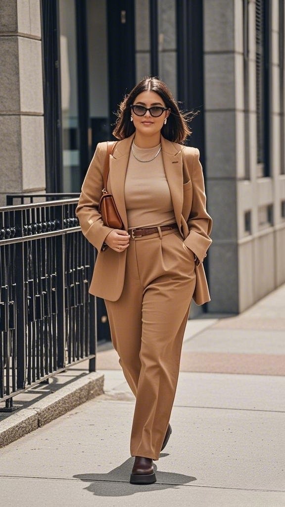 Camel-Toned Suit with a Fitted Top & Leather Accessories – Polished Minimalist Elegance