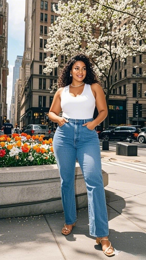 Title: White Tank Top & High-Waisted Jeans with Sandals – Effortless Spring Chic