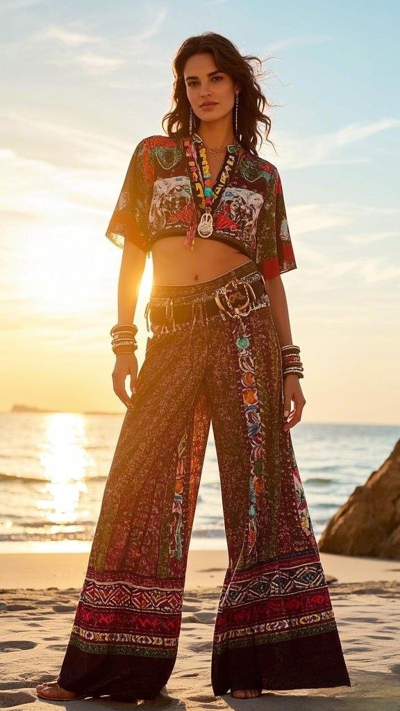 Bohemian Print Crop Top and Wide-Leg Pants
