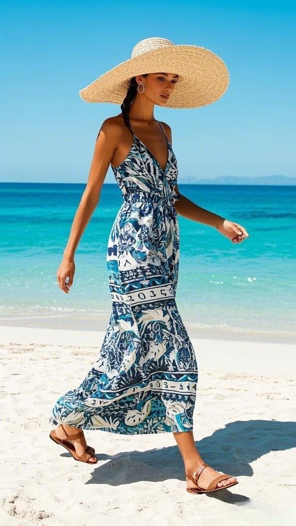 Flowy Printed Maxi Dress and Oversized Straw Hat
