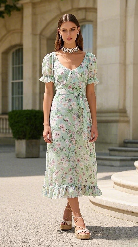 Floral Wrap Midi Dress with Puff Sleeves and Platform Sandals