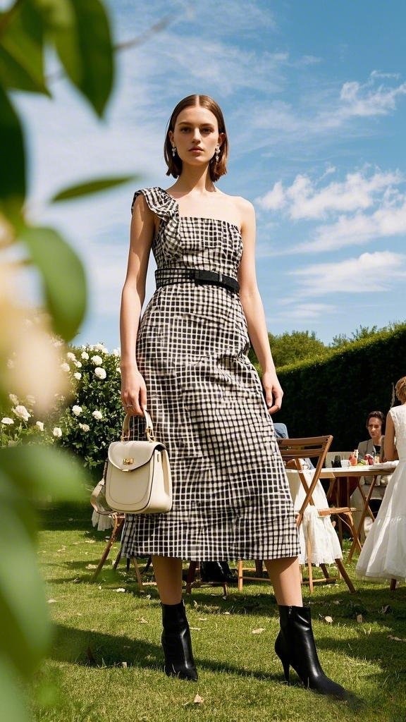Chic Gingham One-Shoulder Dress with Black Ankle Boots and Structured Handbag