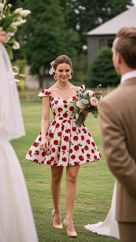 Playful Cherry-Print Dress with Nude Heels and Pearl Accessories