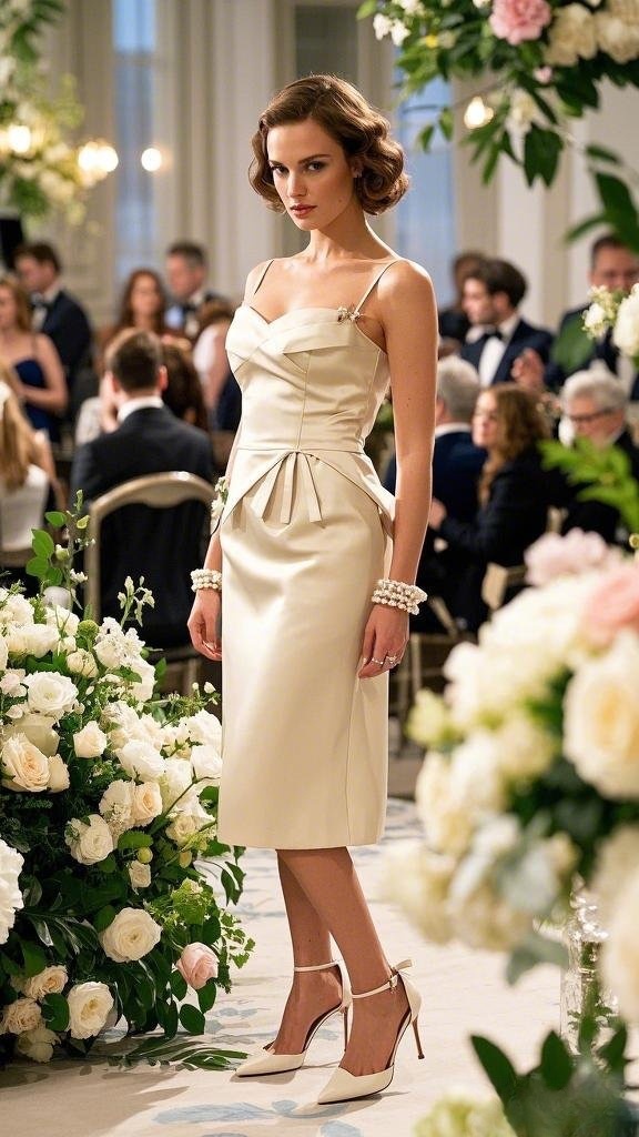 Vintage Satin Midi Dress with Strappy Heels and Pearl Accessories