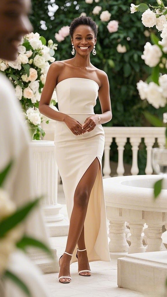 Strapless Slit Gown with Strappy Heels and Elegant Statement Earrings