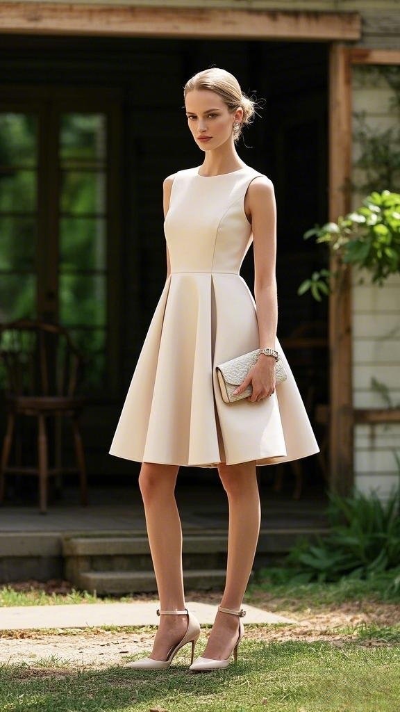 Timeless Sleeveless Fit-and-Flare Dress with Nude Heels and a Chic Clutch