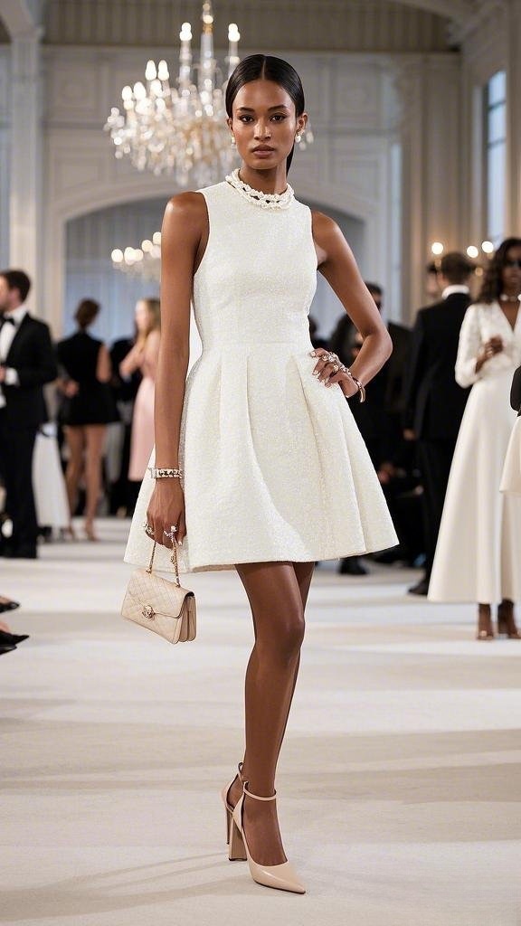 Chic Sleeveless Fit-and-Flare Dress with Nude Heels and Pearl Accessories