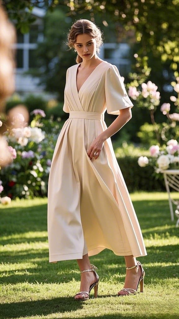 Elegant Wrap Midi Dress with Puff Sleeves and Strappy Heels