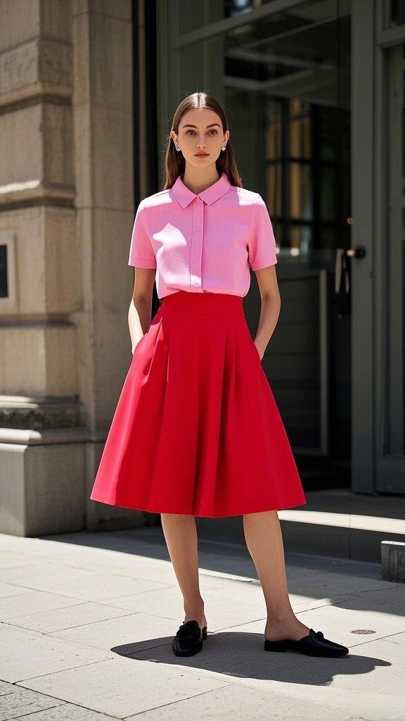 Pink Collared Blouse with Red A-Line Midi Skirt and Black Loafers