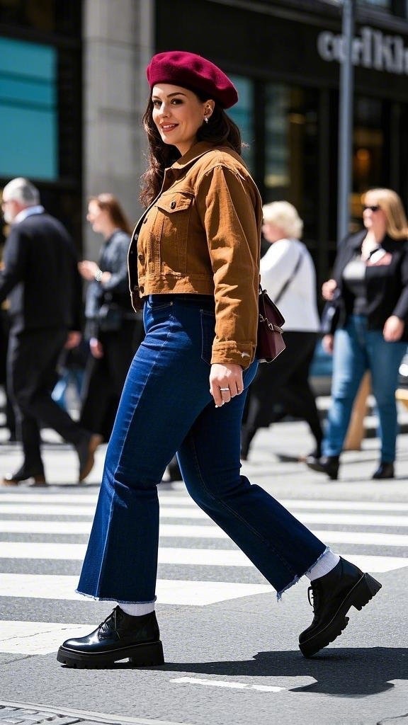 Retro Chic: Cropped Jacket & Flared Jeans with Chunky Boots