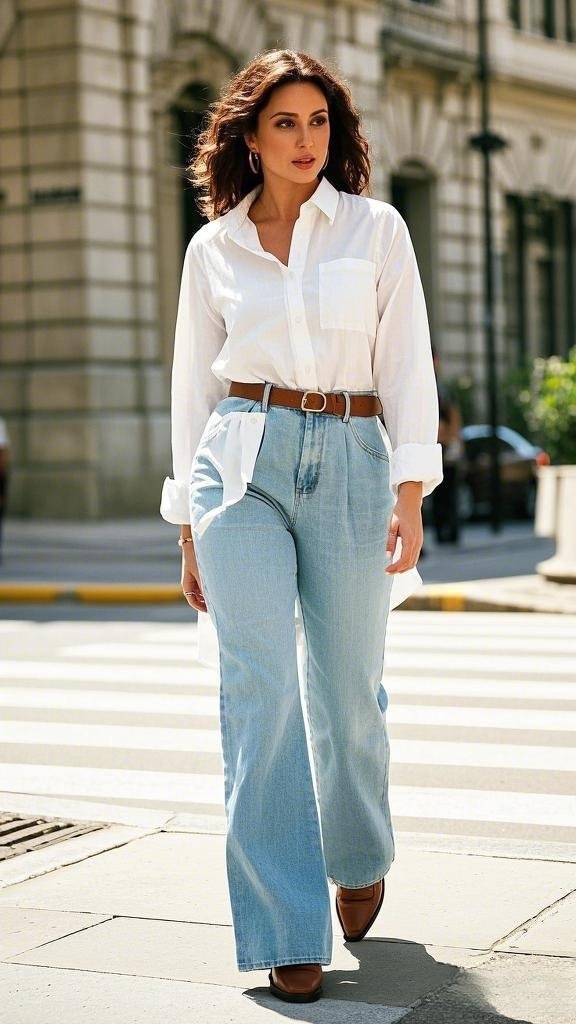 Effortless Elegance: Light-Wash Flare Jeans with a Classic White Shirt and Brown Boots