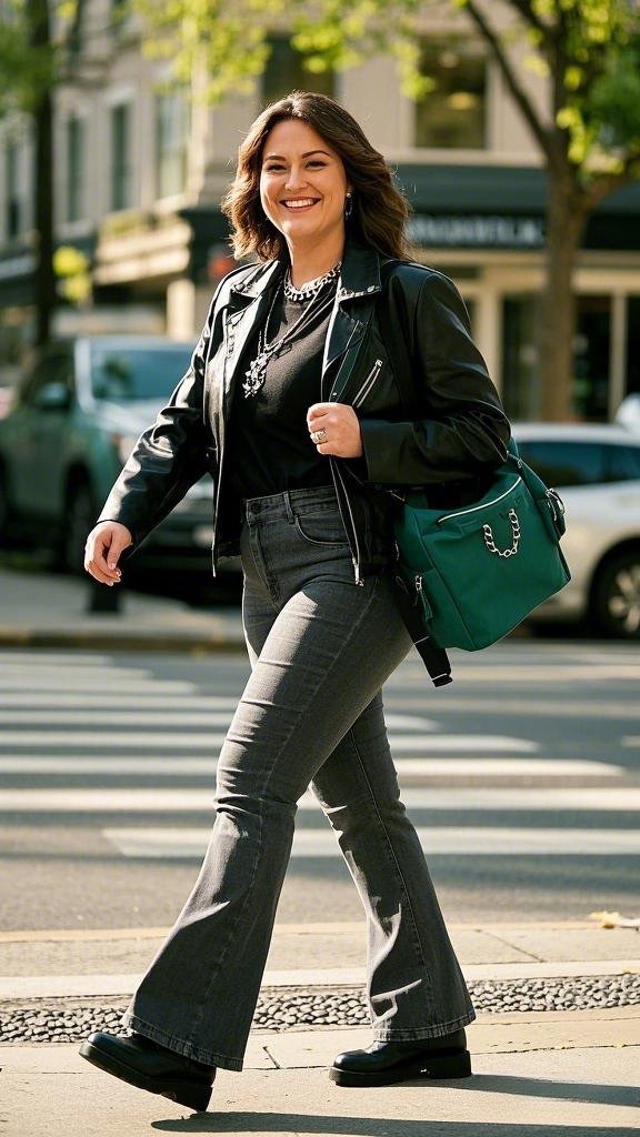Edgy Chic: Grey Flare Jeans with a Bold Black Touch