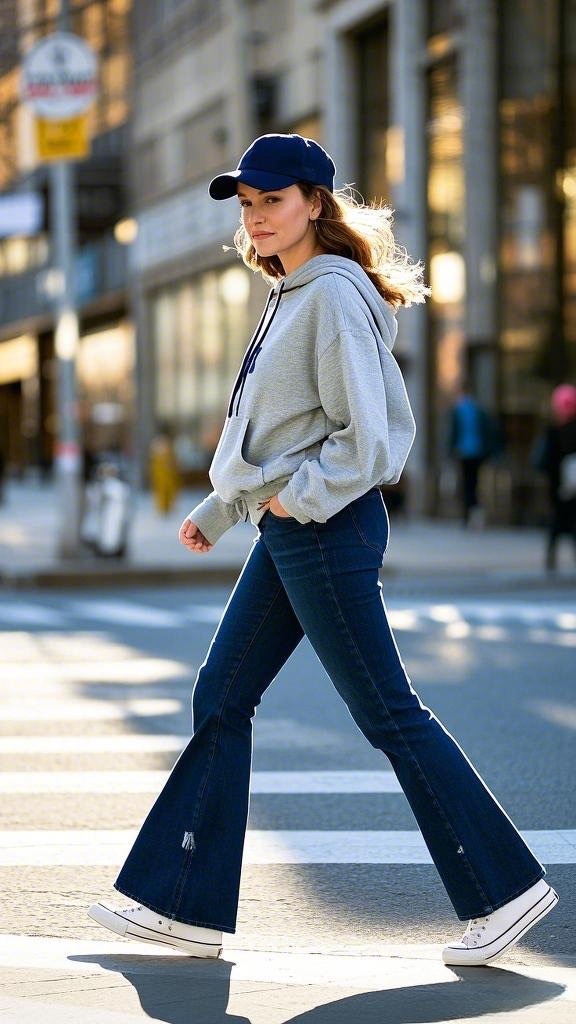 Sporty Casual: Flare Jeans with a Hoodie and Sneakers