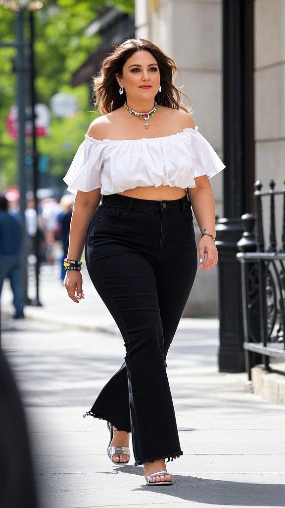 Chic Summer Vibes: Off-Shoulder Crop Top & Black Flare Jeans with Strappy Heels