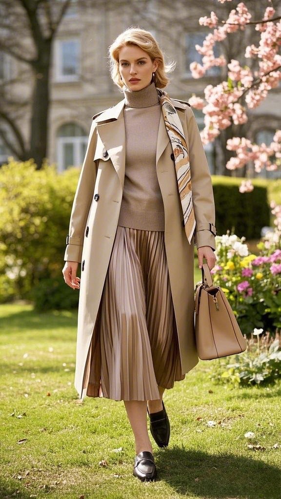 Trench & Pleats Classic: Beige Trench Coat - Neutral Turtleneck - Pleated Champagne Midi Skirt - Loafers - and a Structured Beige Bag