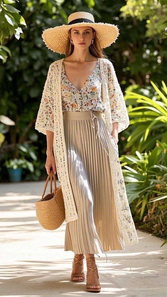 Boho Garden Layers: Floral Blouse - Crochet Duster - Pleated Cream Maxi Skirt - Straw Hat - Strappy Sandals - and Straw Tote