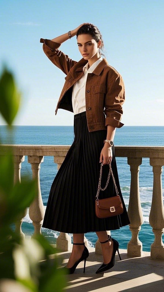 Cropped Brown Flair - Cropped Brown Jacket - Crisp White Button-Up - Black Pleated Midi Skirt - Black Stiletto Heels - Small Brown Chain Bag