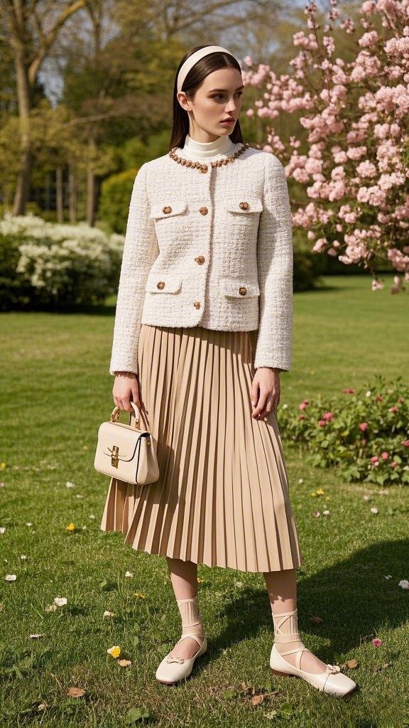 Soft Tweed Refinement: Cream Tweed Jacket - Turtleneck - Pleated Beige Midi Skirt - Neutral Lace-Up Flats - and a Small Cream Handbag