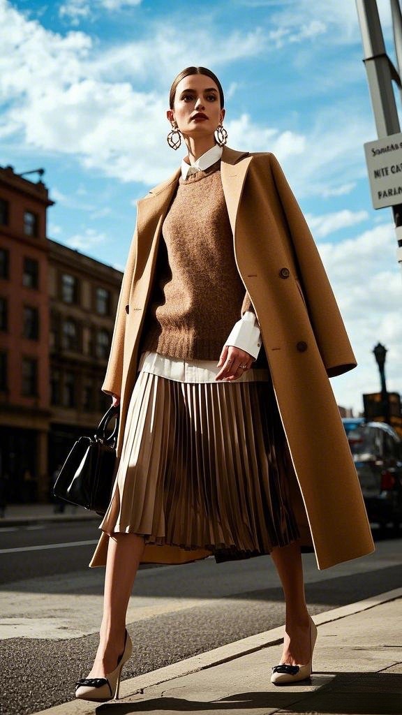 Layered Camel Shine: Camel Coat - Layered Sweater Over White Shirt - Pleated Metallic Skirt - Nude Heels - and a Black Satchel