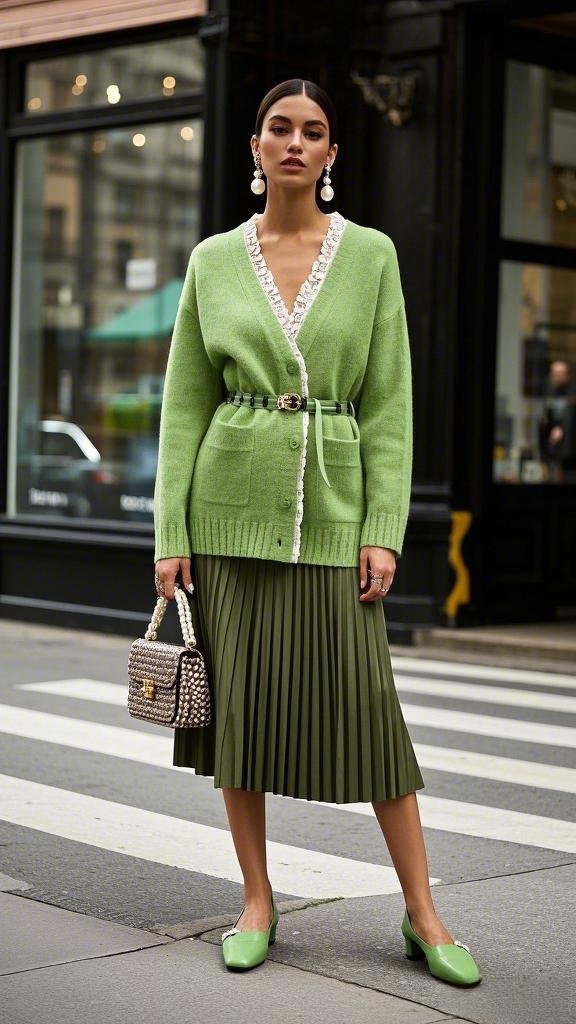 Minty Pleated Harmony: Light-Green Cardigan (with lace trim) - Belted at the Waist - Pleated Green Midi Skirt - Green Block Heels - and a Pearl-Embellished Handbag
