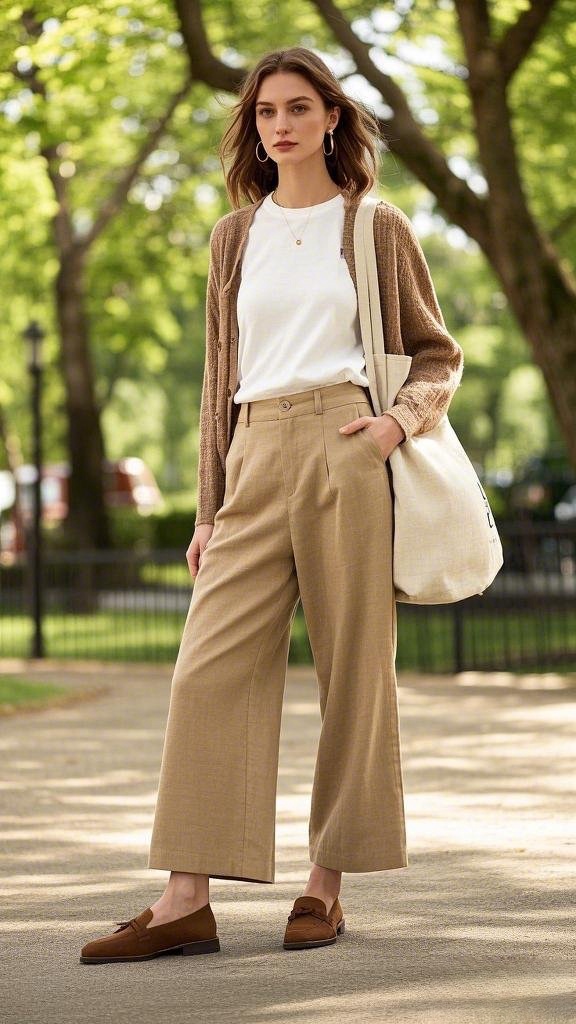 Minimal Tan Comfort: White T-shirt - Lightweight Tan Cardigan - Wide-Leg Tan Pants - Matching Loafers - Large Canvas Tote
