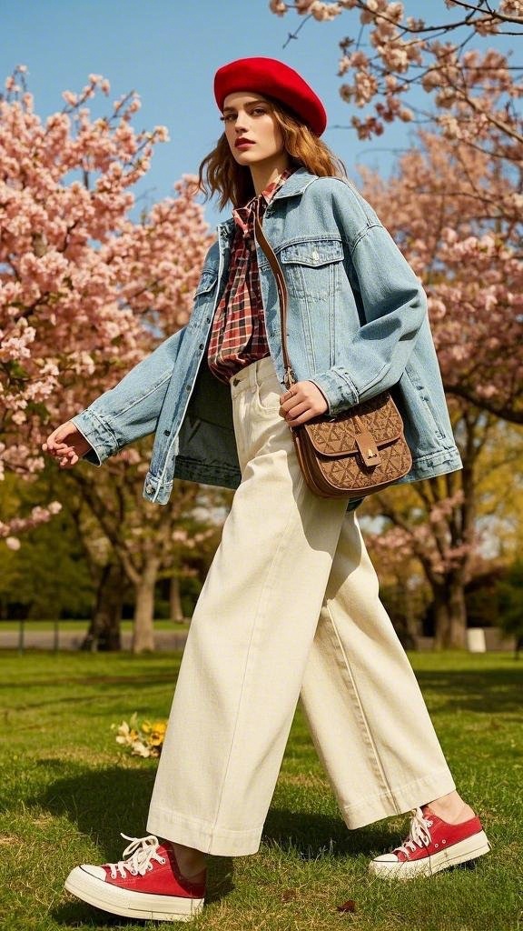 Playful Parisian Denim: Oversized Denim Jacket - Red Plaid Shirt - Cream Wide-Leg Jeans - Red Sneakers - Beret - and a Brown Crossbody
