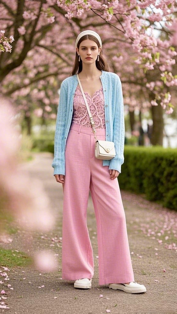 Soft Pastel Fusion: Pink Lace Cami - Pastel Blue Cardigan - Pink Wide-Leg Pants - White Loafers - Small White Crossbody