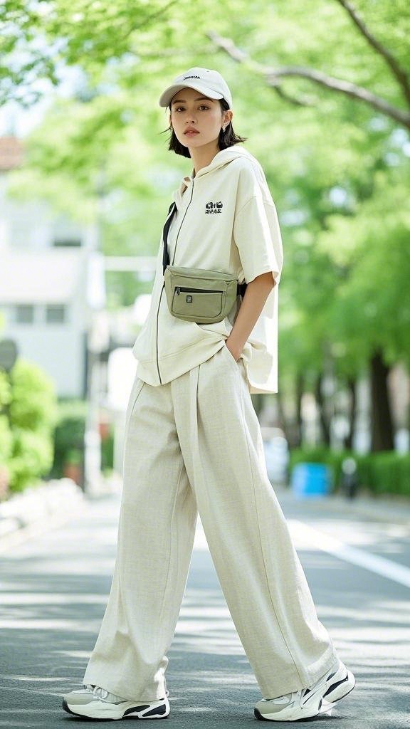 Sporty Oversize Vibe: Oversized Short-Sleeve Hoodie in Cream - Matching Wide-Leg Pants - Baseball Cap - Chunky White Sneakers - and Crossbody Pouch