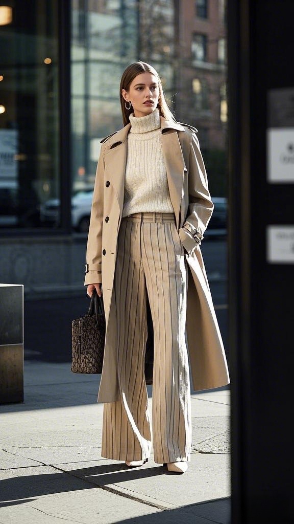 Modern Trench Stripes: Striped Wide-Leg Trousers - Cream Turtleneck Sweater - Classic Trench Coat - Nude Heels - and a Textured Tote Bag