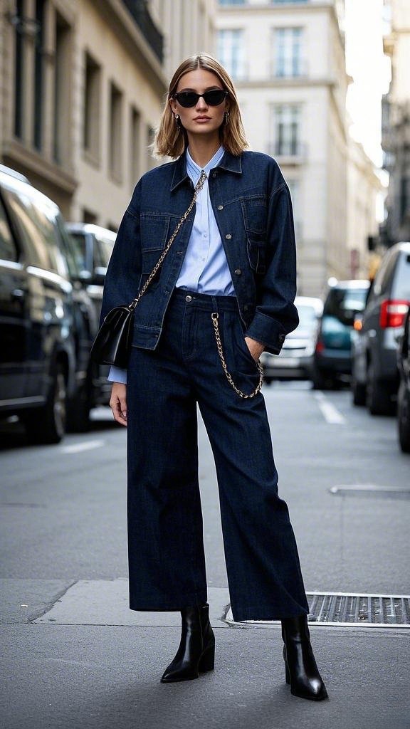 Dark Denim Suite: Dark Denim Jacket - Matching Wide-Leg Jeans - Light Blue Collared Shirt - Black Pointed-Toe Boots - Black Chain-Strap Purse