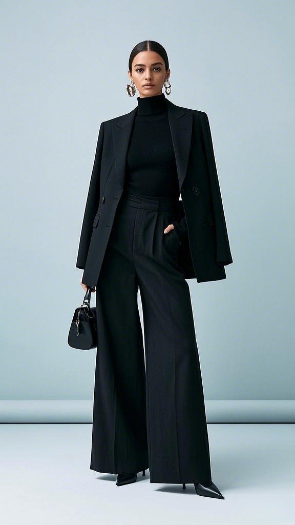 All-Black Power Suit: Black Blazer - Black Turtleneck - Wide-Leg Black Pants - Black Pointed Heels - Black Structured Bag