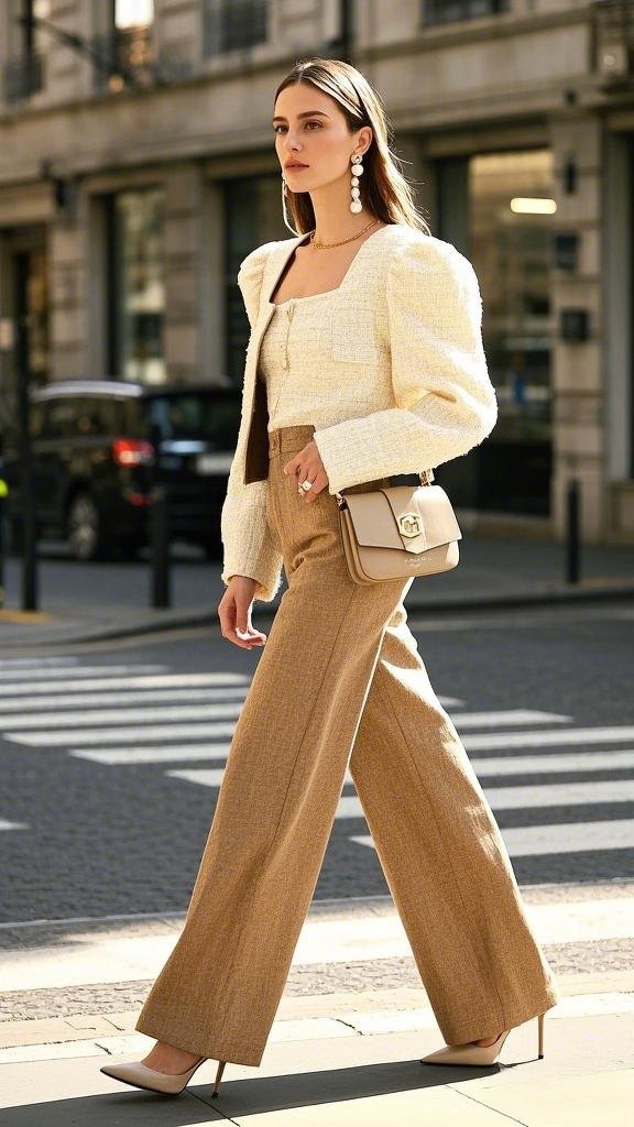 Refined Tweed Touch: Cream Tweed Cropped Jacket - Tan Wide-Leg Trousers - Pearl-Drop Earrings - Nude Heels - Structured Neutral Bag