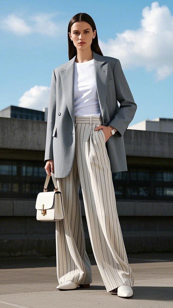 Striped Professional Edge: Gray Oversized Blazer - White T-shirt - Cream Pinstriped Wide-Leg Pants - White Loafers - and a White satchel