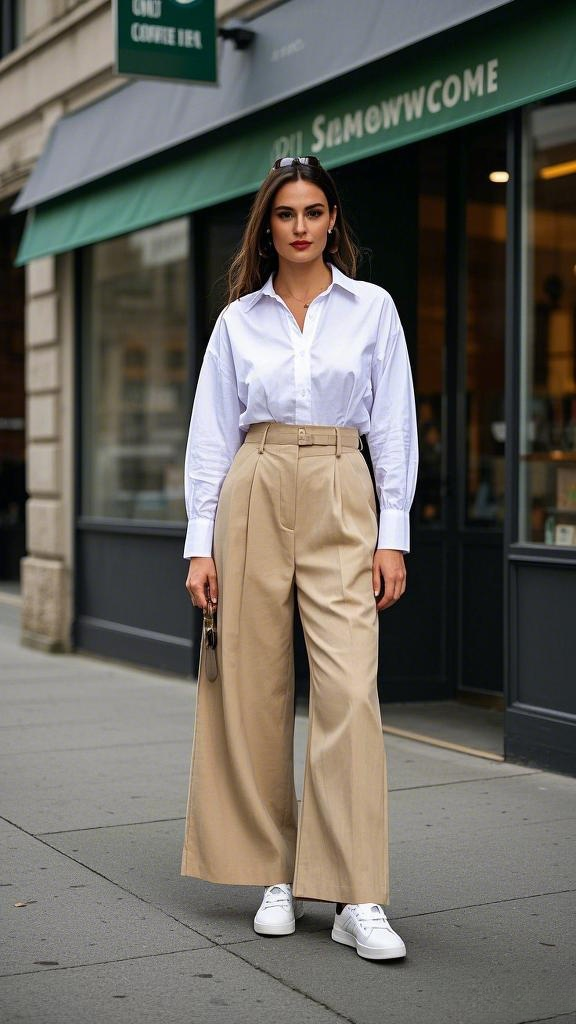 Crisp White Button-Down, High-Waisted Beige Wide-Leg Trousers, and White Sneakers