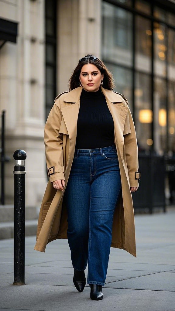 Classic Trench Coat, Black Turtleneck, Straight-Leg Jeans, and Ankle Boots