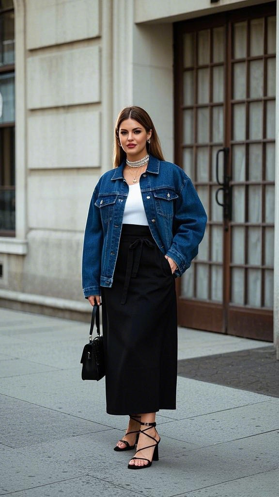 Denim Jacket, White Tank, Black Midi Skirt, and Strappy Heels