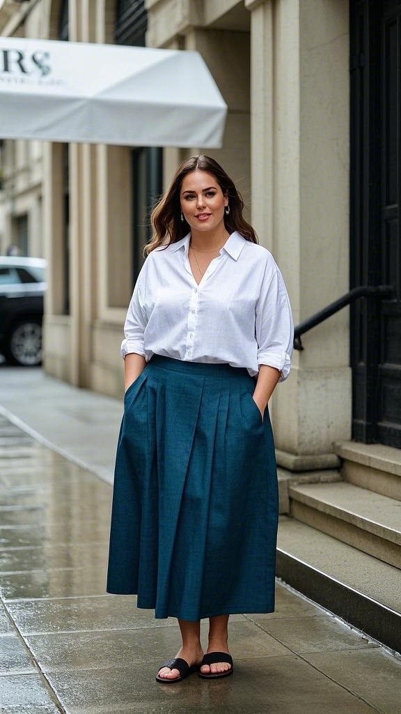 Crisp White Button-Down Shirt, Pleated Midi Skirt, and Minimalist Sandals